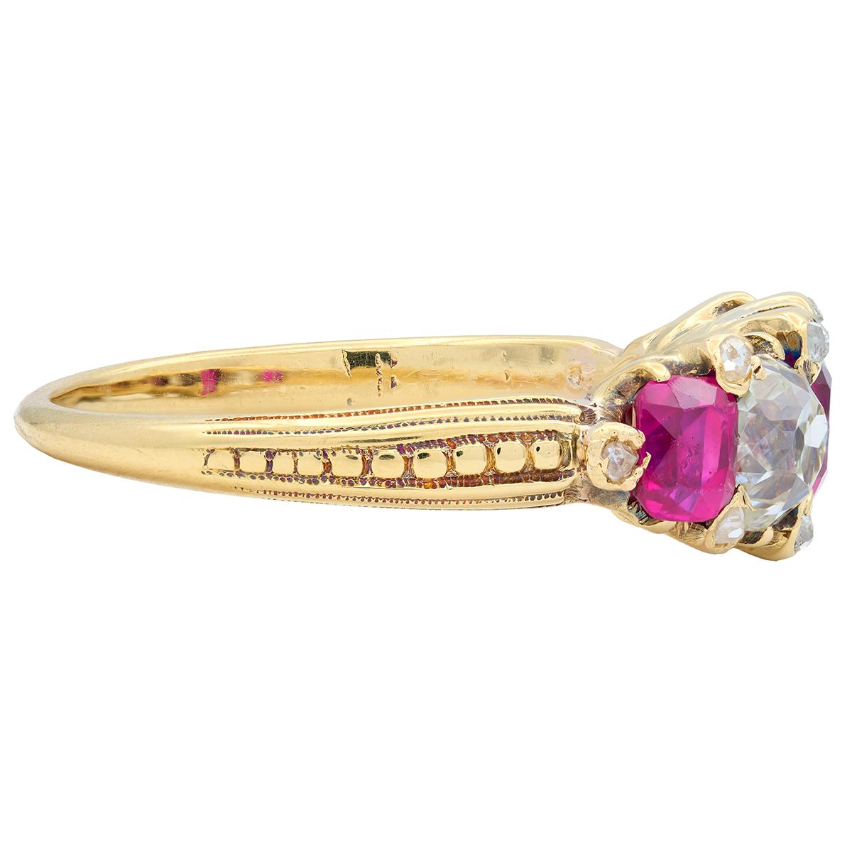 Victorian No Heat Burma Ruby Old Mine Cut Diamond 18K Gold Band Ring GIA