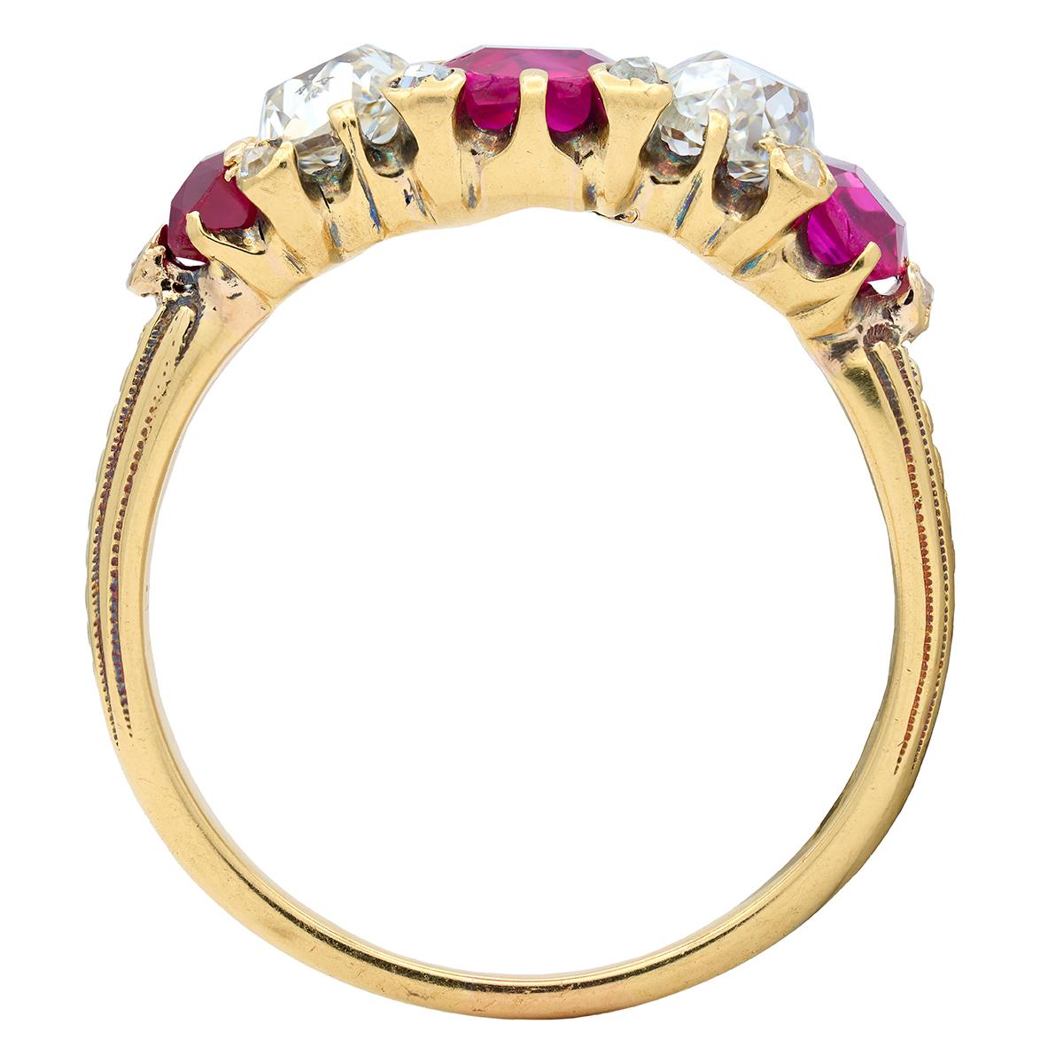 Victorian No Heat Burma Ruby Old Mine Cut Diamond 18K Gold Band Ring GIA