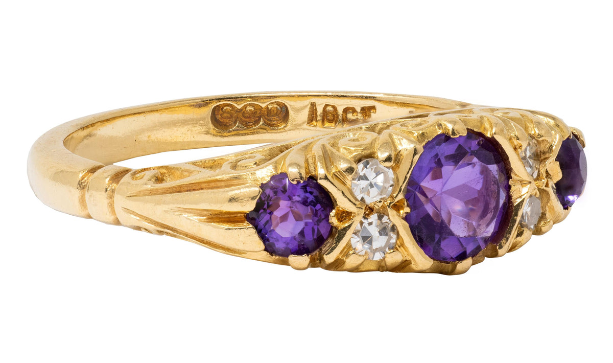 1960s Amethyst Diamond 18 Karat Yellow Gold Vintage Scrolling Ring