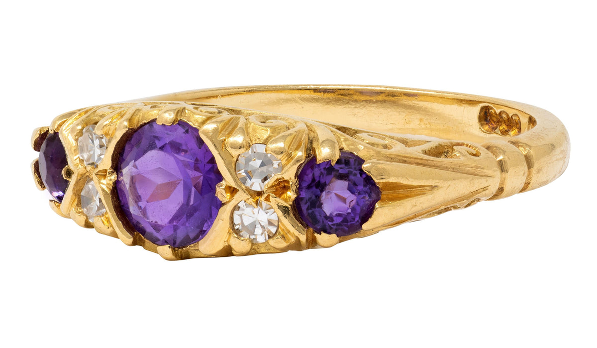 1960s Amethyst Diamond 18 Karat Yellow Gold Vintage Scrolling Ring