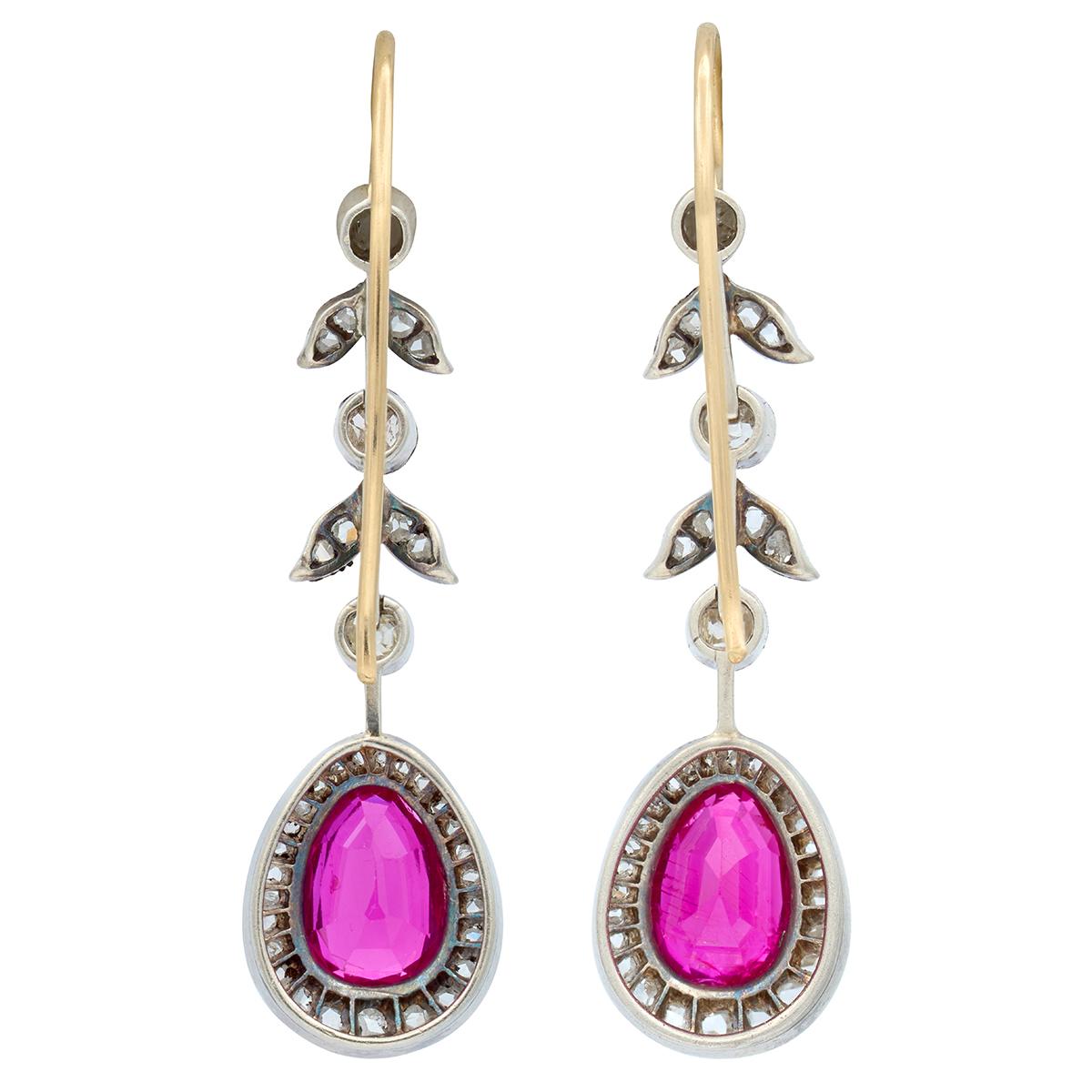 Victorian No Heat Burma Ruby Diamond Silver 14K Gold Antique Foliate Earrings