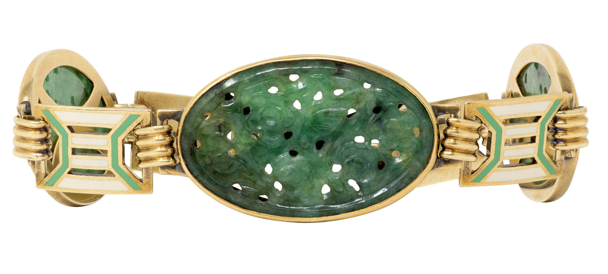 Art Deco Carved Jade Enamel 14 Karat Yellow Gold Fancy Link Vintage Bracelet