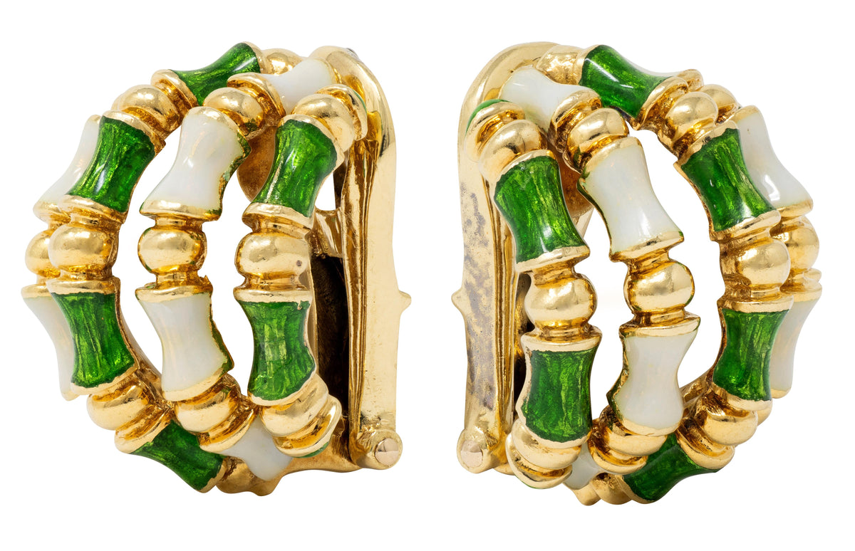 Tiffany & Co. 1960's Enamel 18 Karat Yellow Gold Vintage Bamboo Earrings