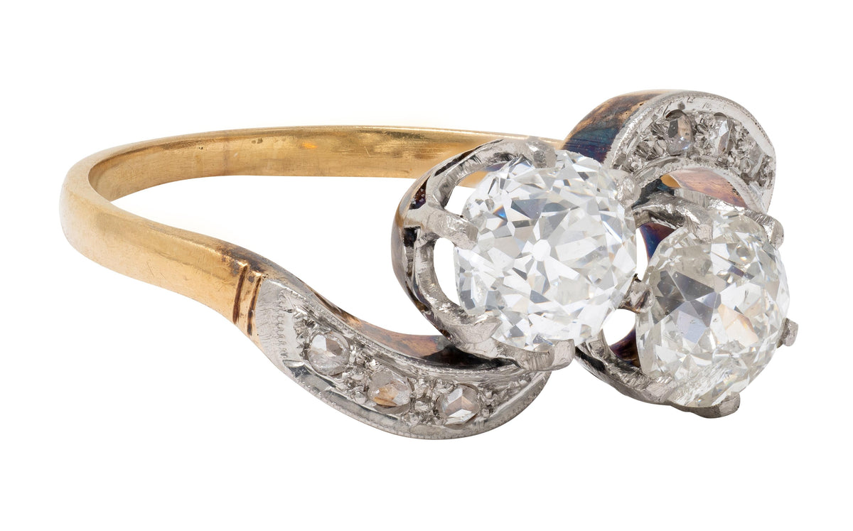 Edwardian Toi et Moi Old Mine Diamond Platinum 18K Gold Antique Engagement Ring