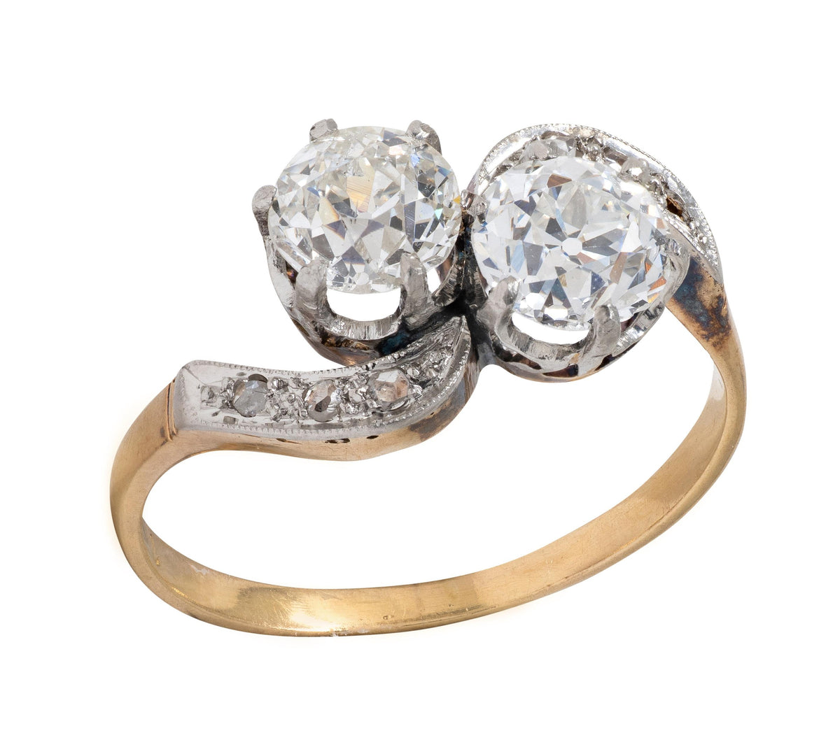 Edwardian Toi et Moi Old Mine Diamond Platinum 18K Gold Antique Engagement Ring