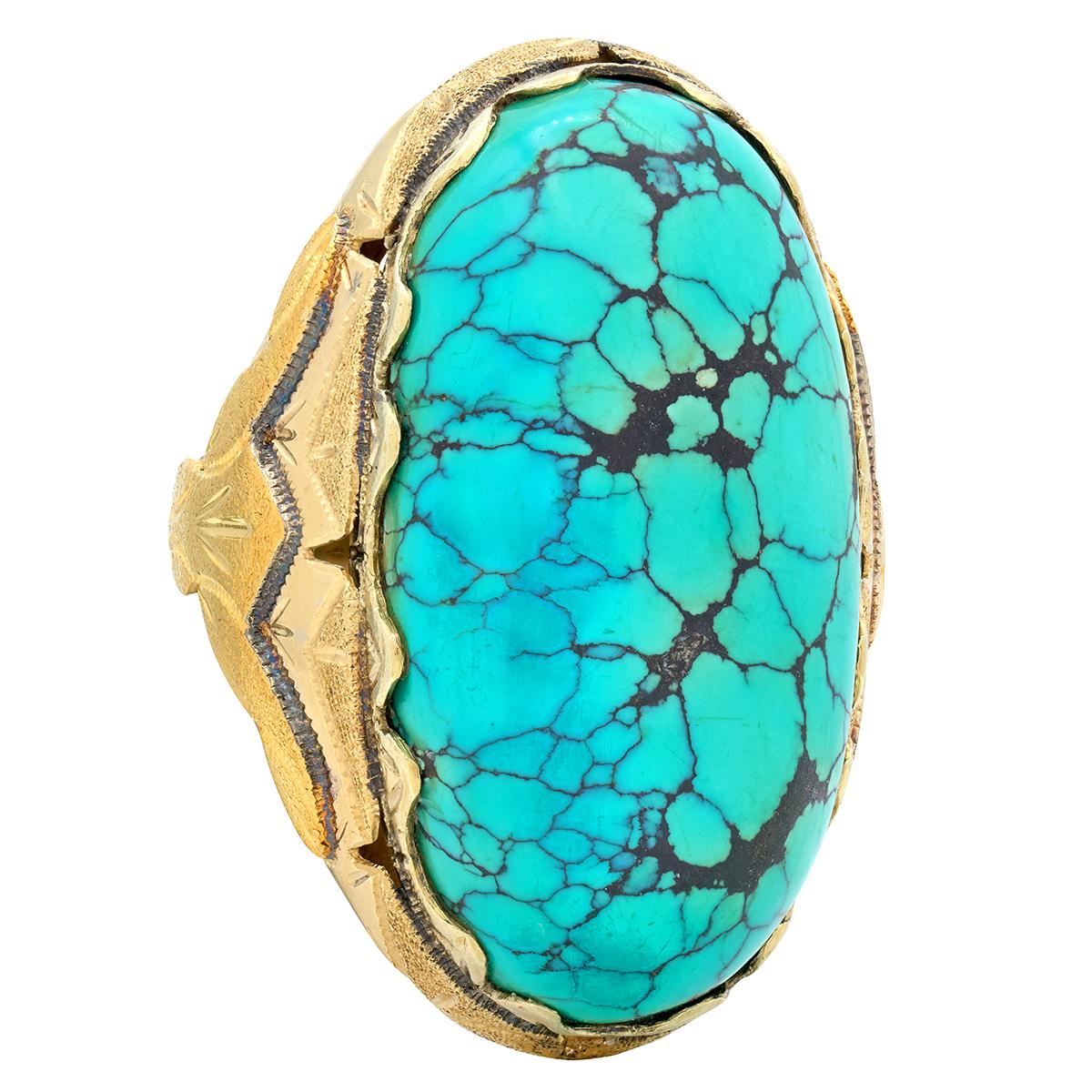 Retro Turquoise Cabochon 14 Karat Yellow Gold Vintage Statement Ring