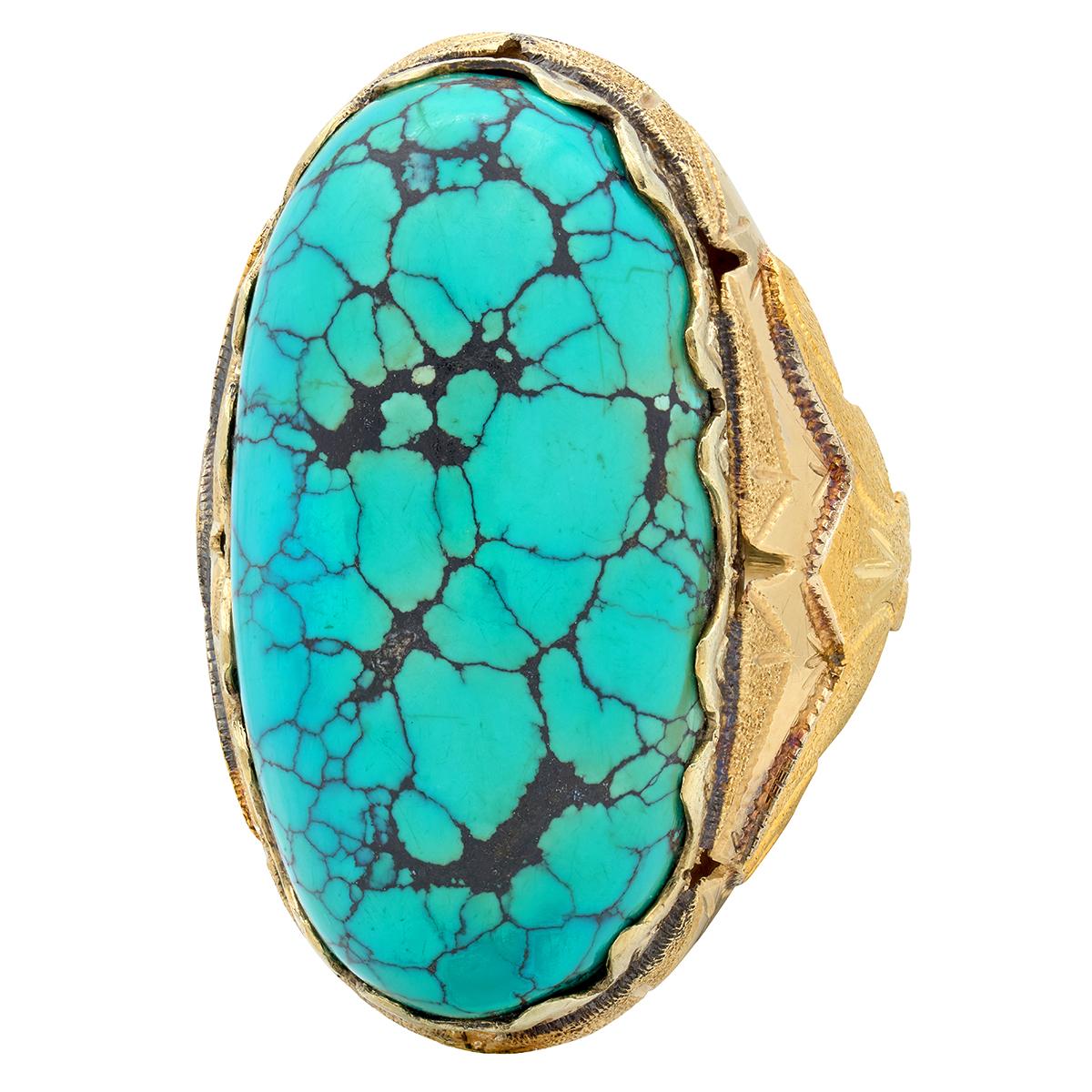 Retro Turquoise Cabochon 14 Karat Yellow Gold Vintage Statement Ring