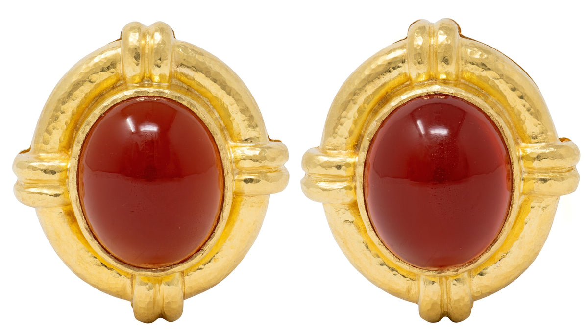 Elizabeth Locke 2000's Carnelian 18K YG Contemporary Hammered Cabochon Earrings