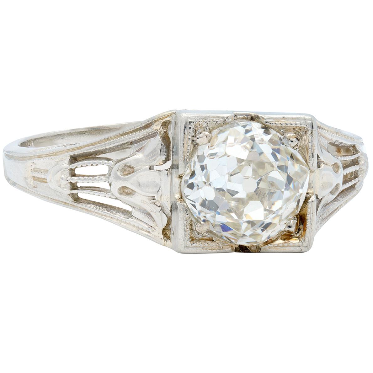 Art Deco Old Mine Diamond 18 Karat White Gold Antique Lotus Engagement Ring GIA