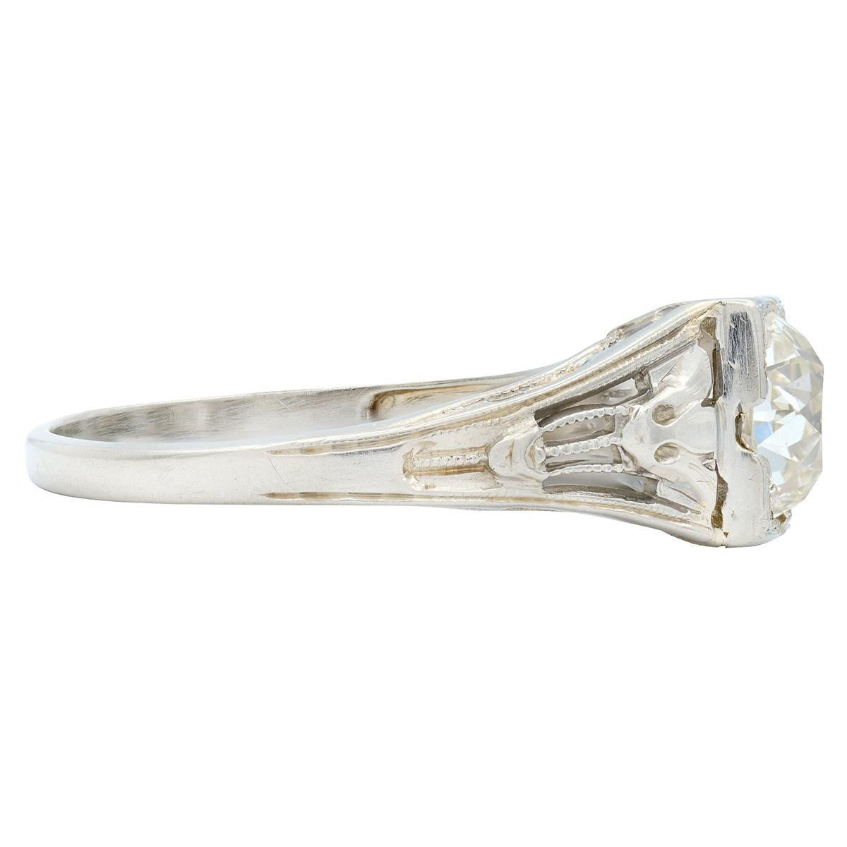 Art Deco Old Mine Diamond 18 Karat White Gold Antique Lotus Engagement Ring GIA