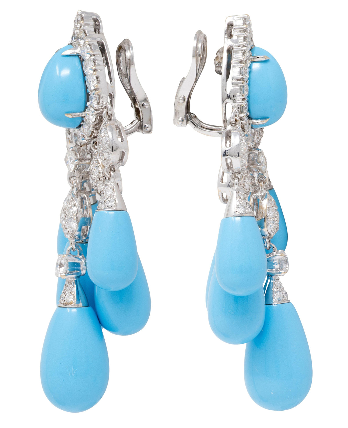 2010's Turquoise Diamond 18K Gold Contemporary Chandelier Ear-Clip Earrings