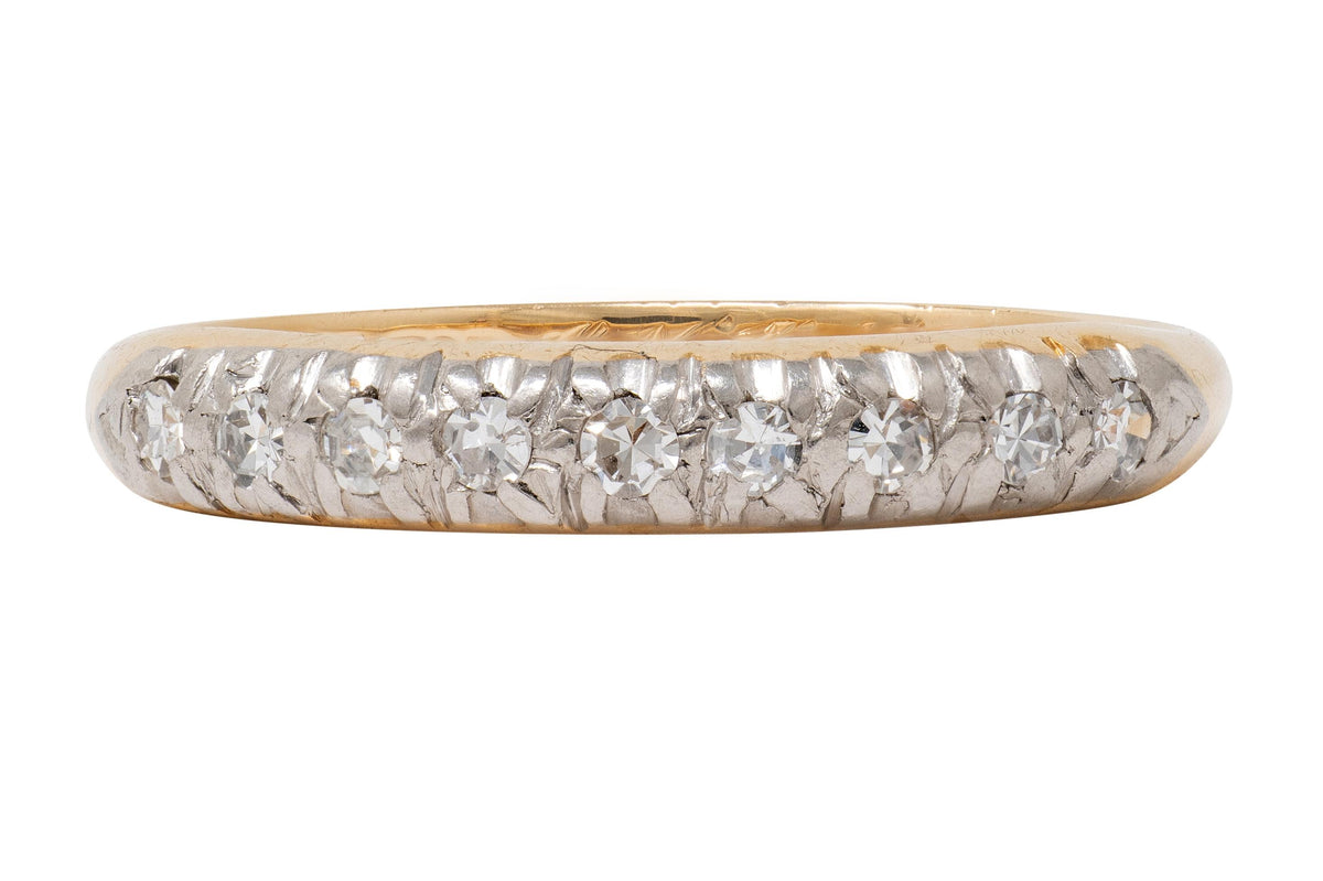 Mid-Century Diamond 14K Yellow Gold Platinum Vintage Fishtail Wedding Band Ring