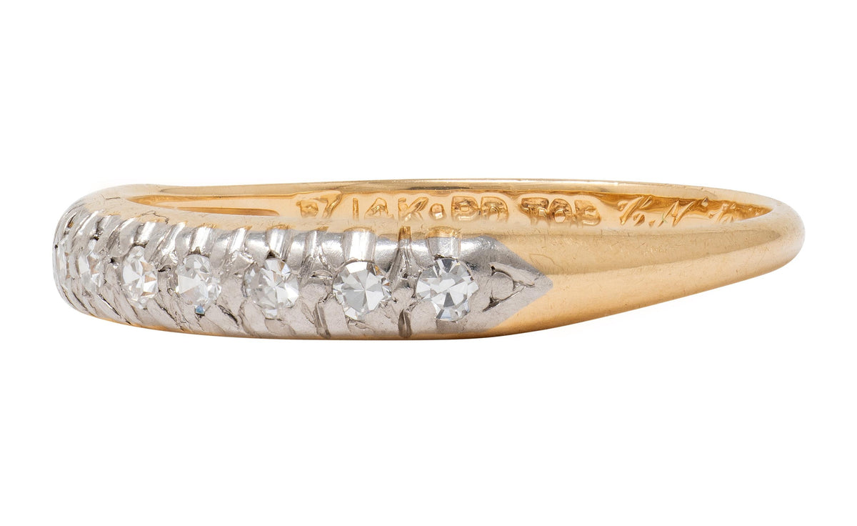 Mid-Century Diamond 14K Yellow Gold Platinum Vintage Fishtail Wedding Band Ring