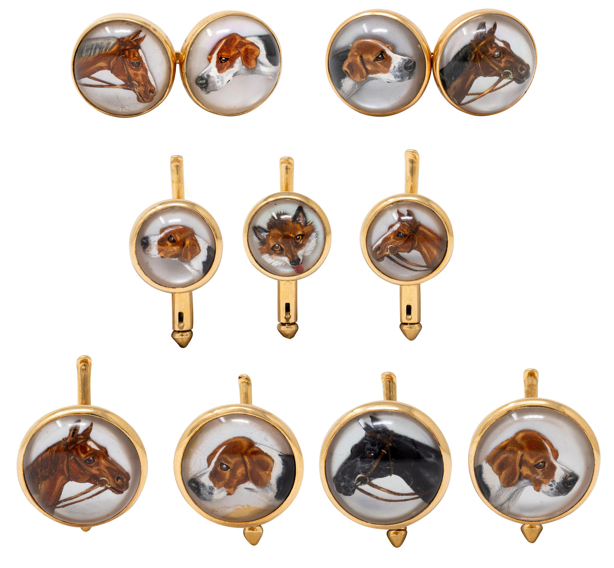 Larter & Sons Edwardian Rock Crystal 14K Gold Antique Hunting Cufflink Dress Set
