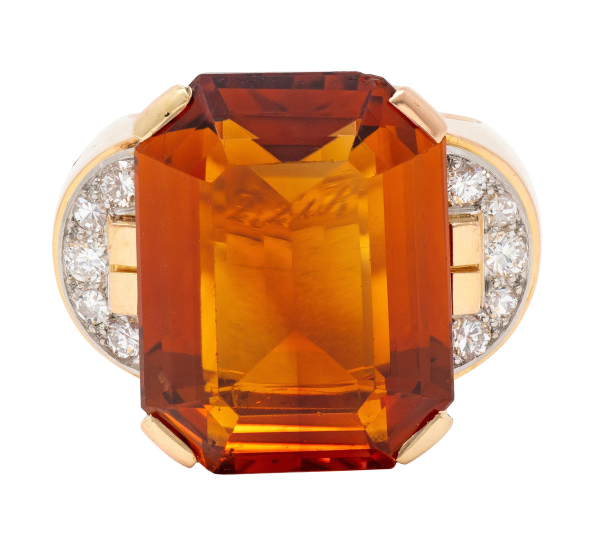 French 1939 Citrine Diamond 18 Karat Rose Gold Platinum Vintage Cocktail Ring