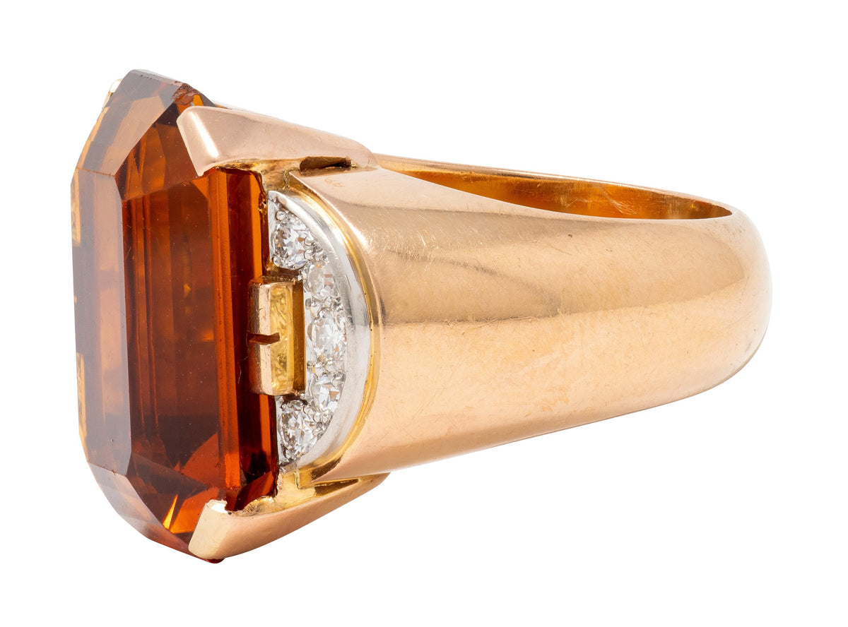 French 1939 Citrine Diamond 18 Karat Rose Gold Platinum Vintage Cocktail Ring