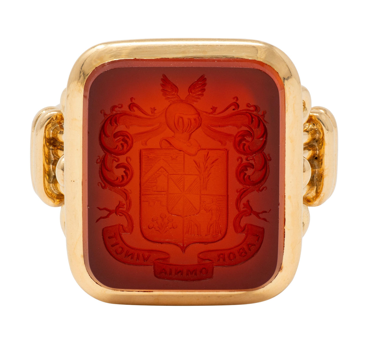 Victorian Carnelian 18K Gold Column Heraldic Crest Antique Intaglio Signet Ring