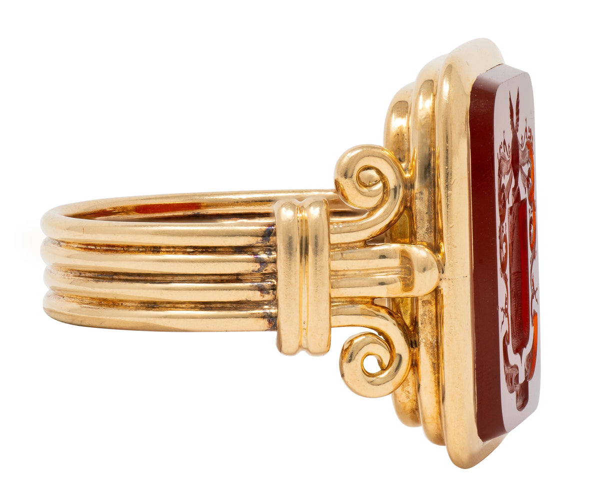 Victorian Carnelian 18K Gold Column Heraldic Crest Antique Intaglio Signet Ring