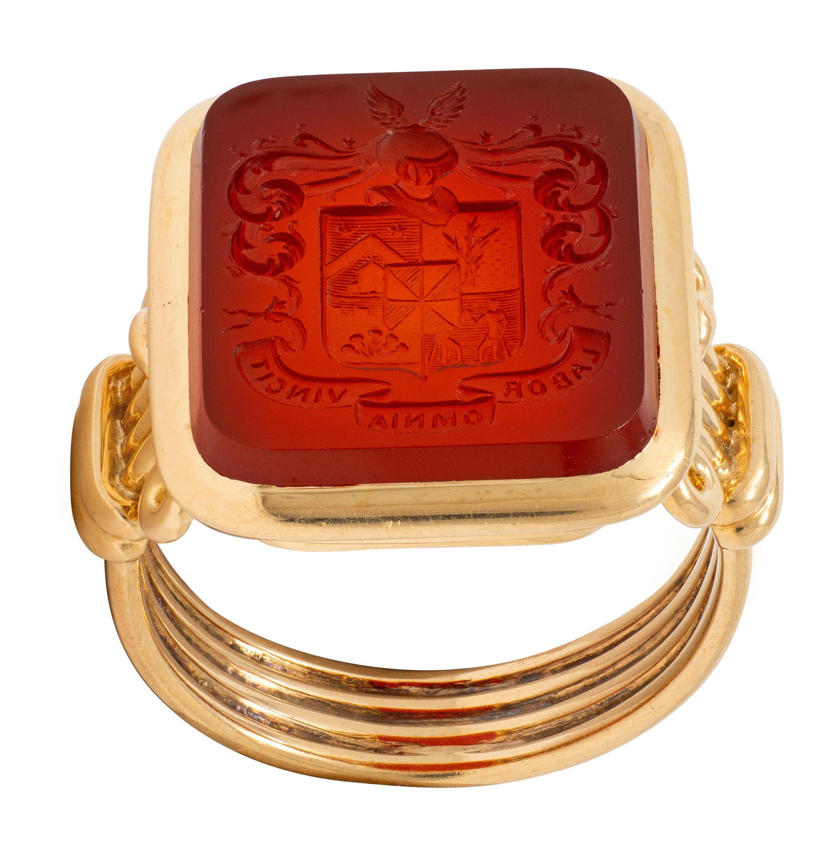 Victorian Carnelian 18K Gold Column Heraldic Crest Antique Intaglio Signet Ring