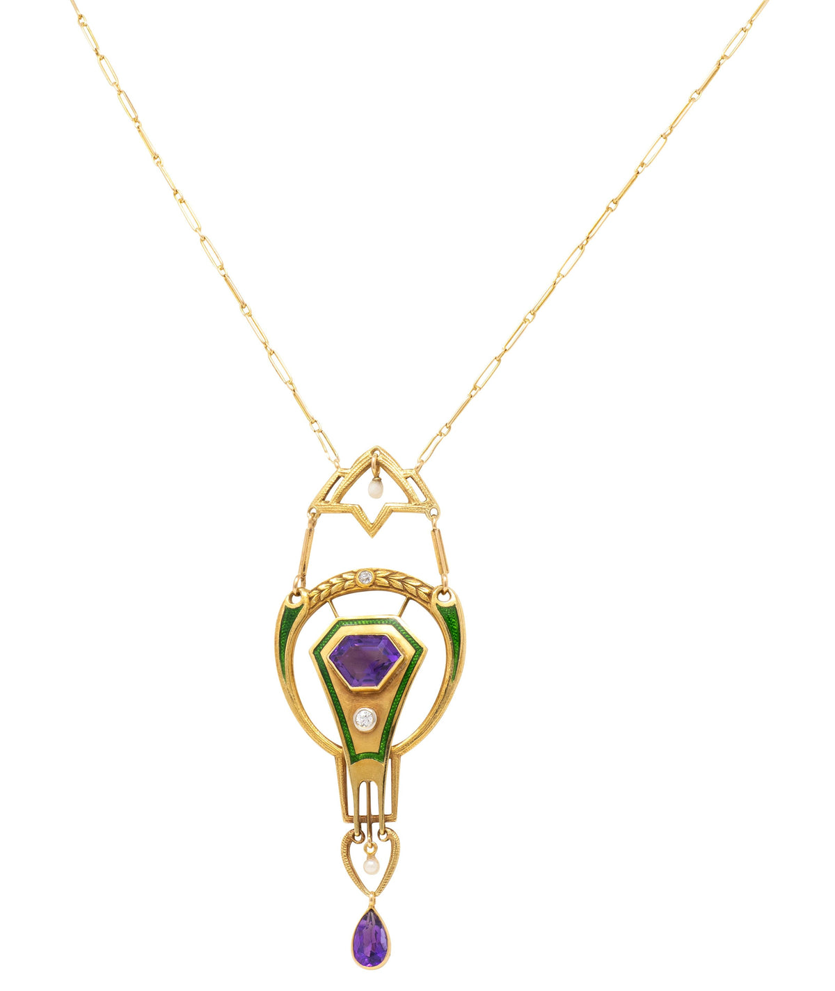 Art Nouveau Amethyst Diamond Pearl Enamel 14K Gold Antique Suffragette Necklace