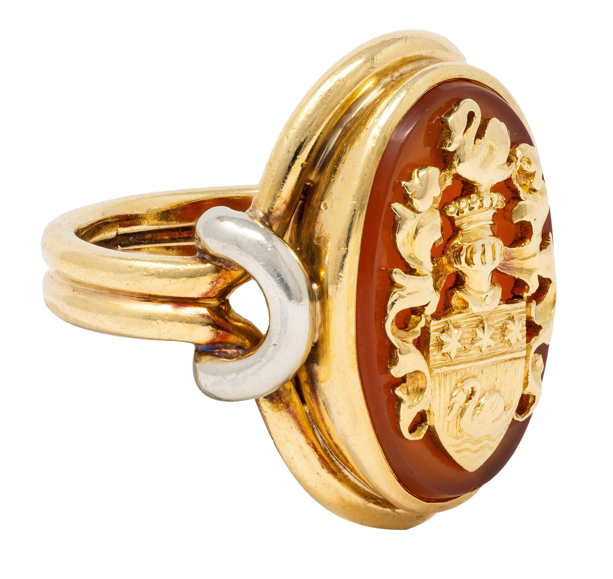 Edwardian Carnelian 18 Karat Two-Tone Gold Antique Heraldic Crest Signet Ring