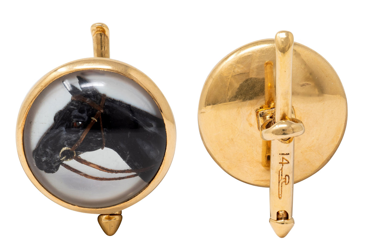 Larter & Sons Edwardian Rock Crystal 14K Gold Antique Hunting Cufflink Dress Set