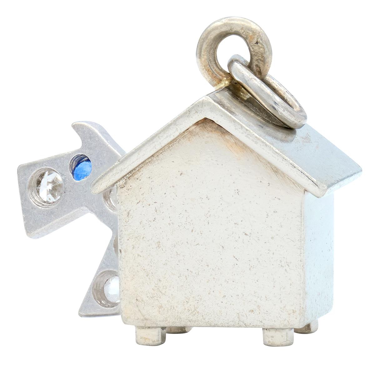 French 1930's Diamond Sapphire 18K White Gold Platinum Vintage Dog House Charm