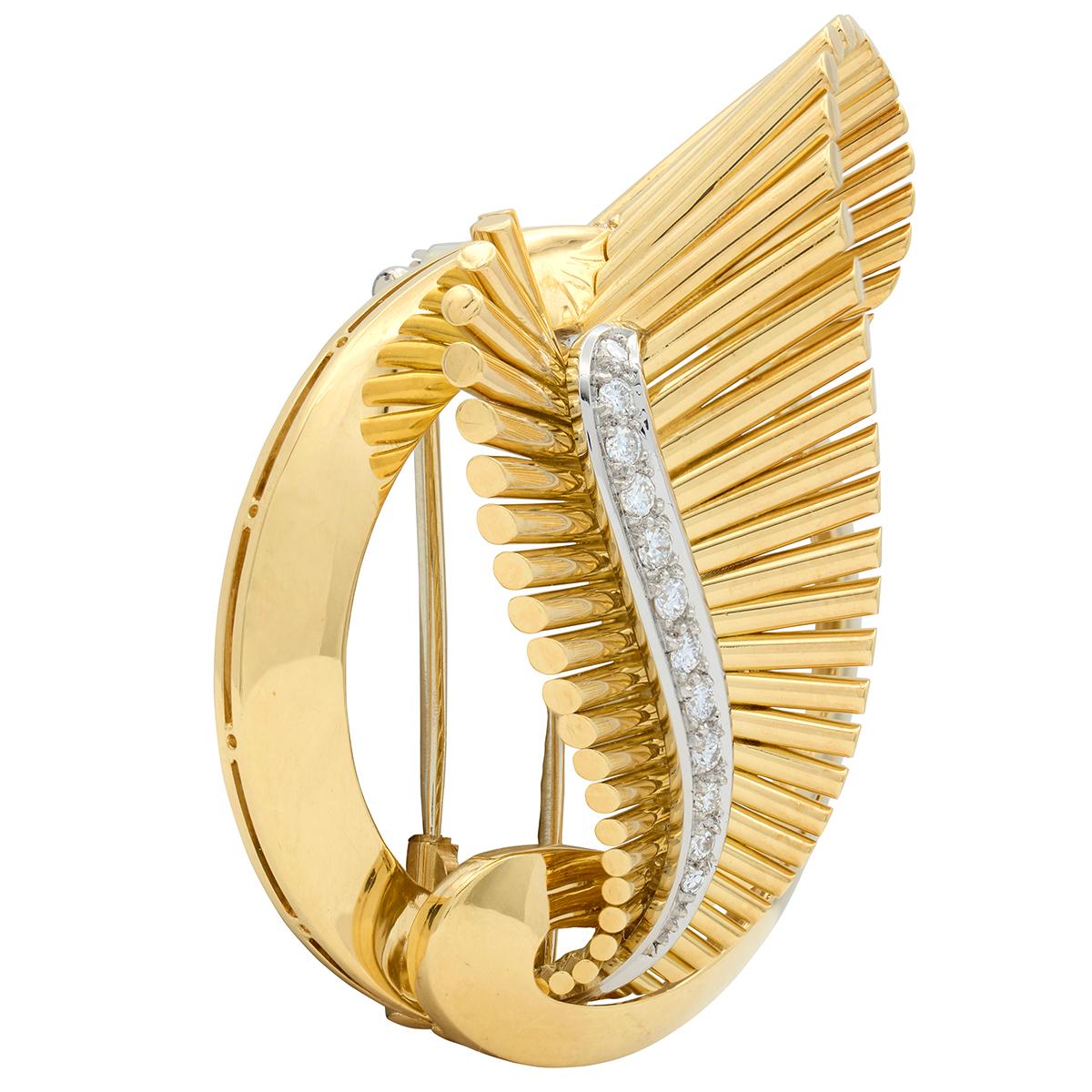 Gubelin Mid-Century Diamond 18 Karat Yellow Gold Platinum Vintage Scroll Brooch