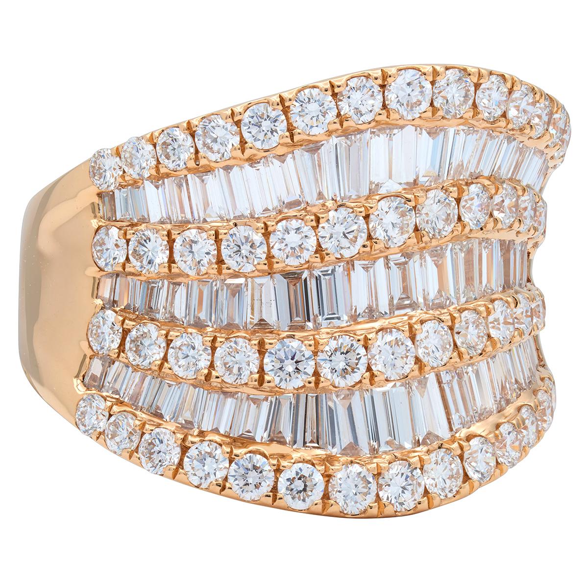 Contemporary 3.50 CTW Diamond 18 Karat Rose Gold Seven Row Wavy Band Ring