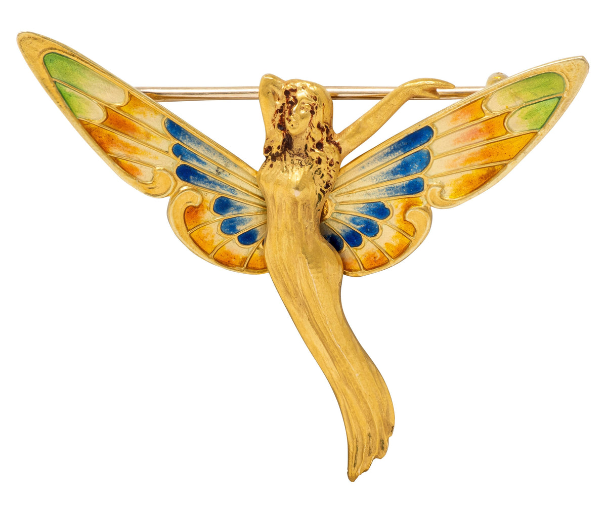 Art Nouveau Enamel 14 Karat Yellow Gold Antique Fairy Brooch