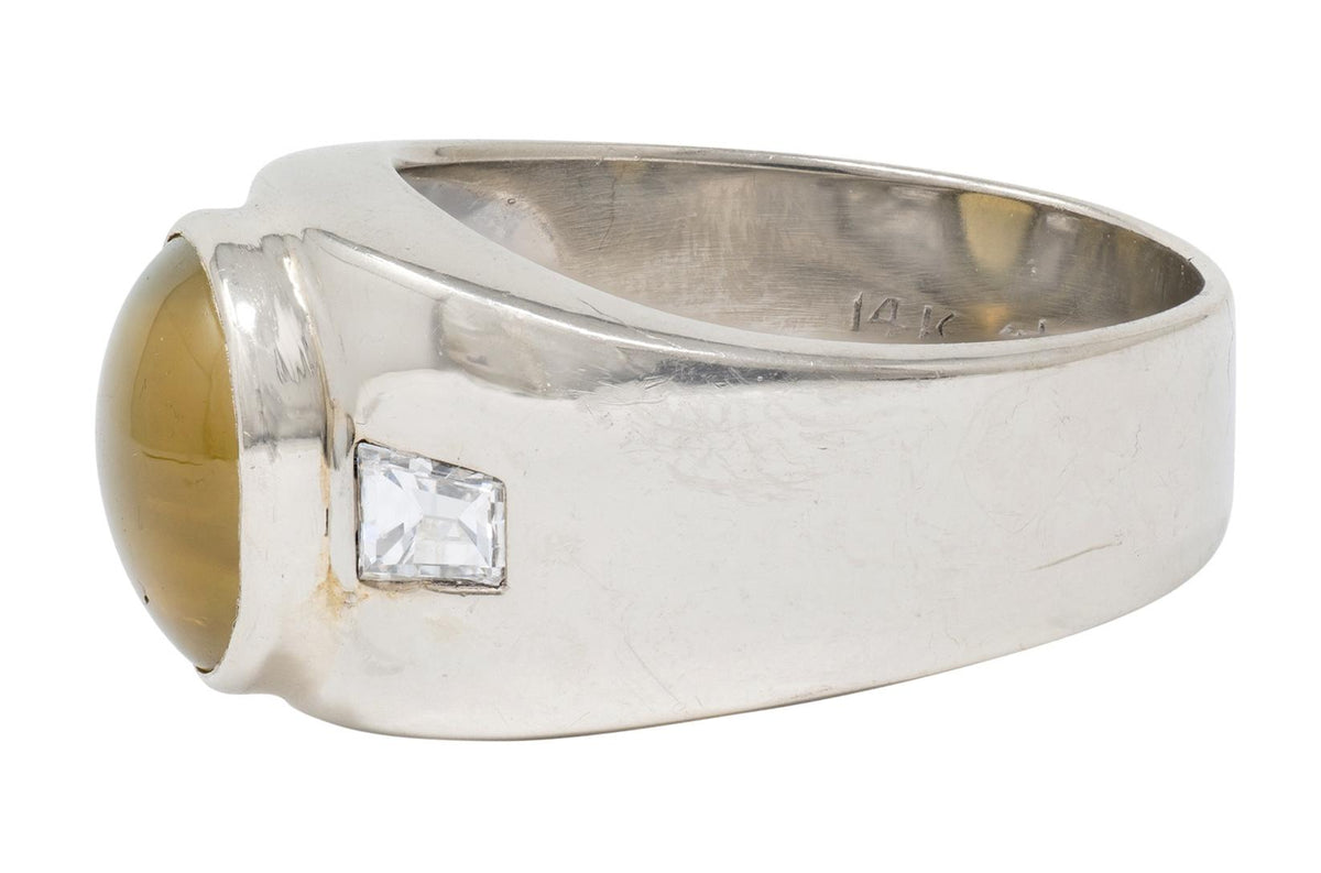 1960's Cat's Eye Chrysoberyl Diamond 14 Karat White Gold Three Unisex Stone Ring
