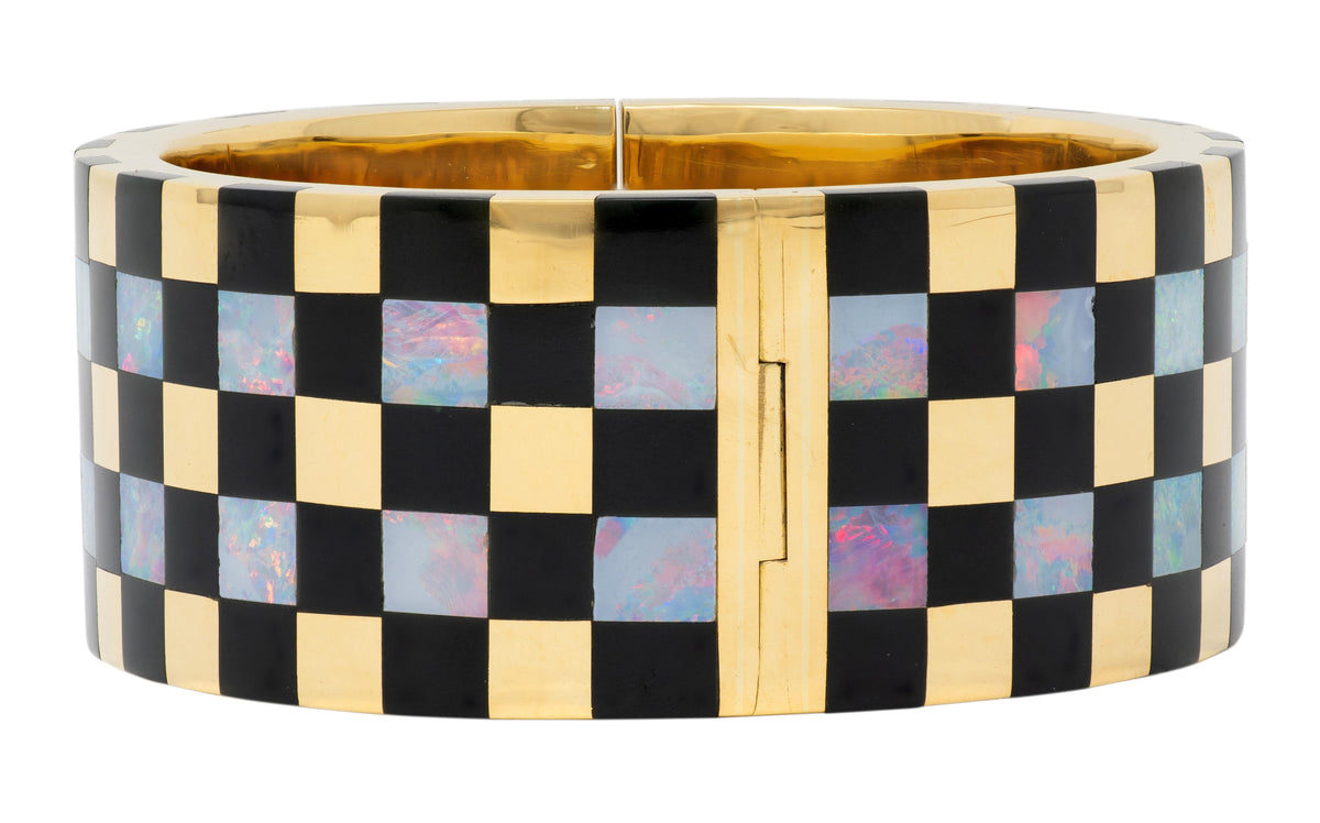 Tiffany & Co. 1980's Opal Onyx 18K Gold Vintage Wide Checkerboard Bracelet