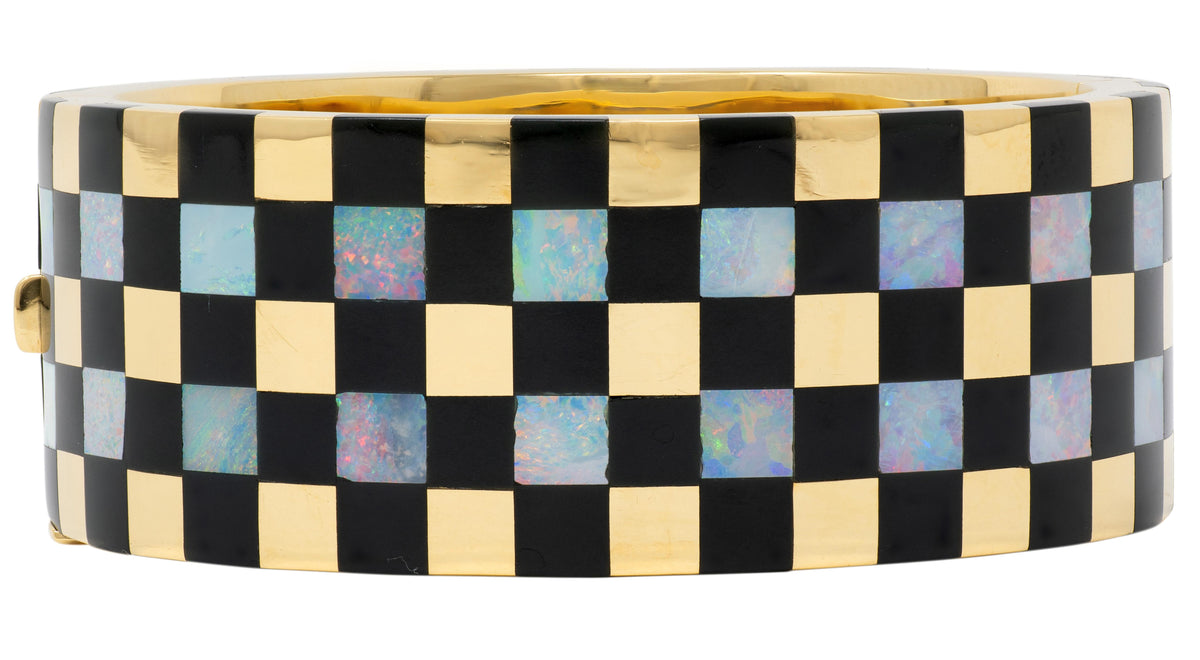 Tiffany & Co. 1980's Opal Onyx 18K Gold Vintage Wide Checkerboard Bracelet
