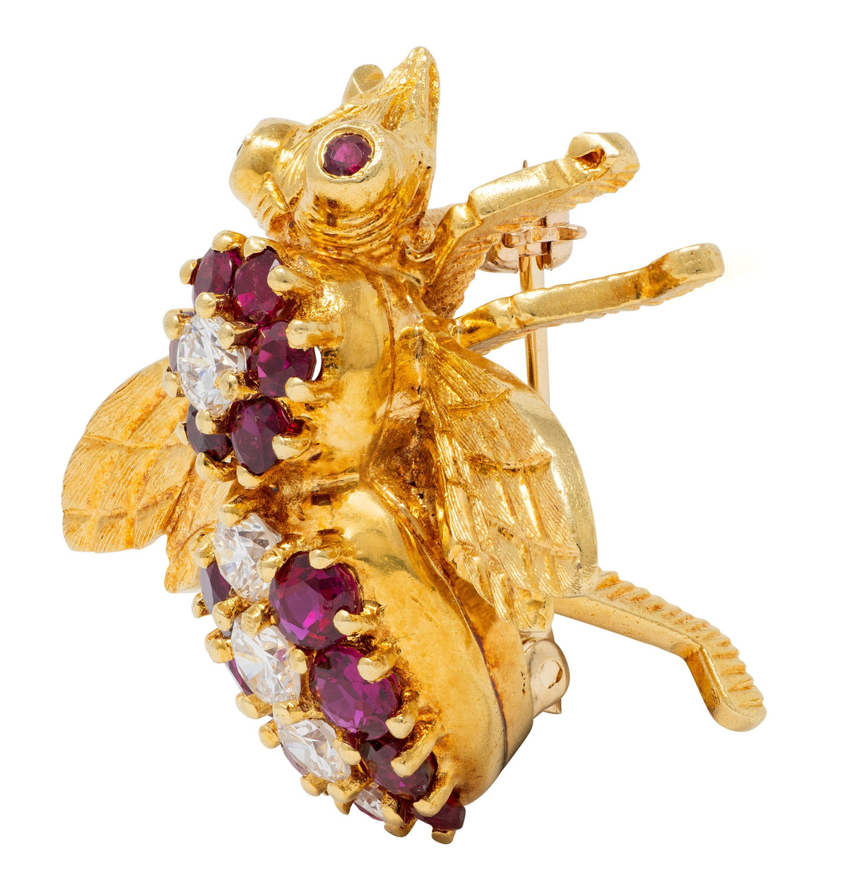 Herbert Rosenthal 1960s Ruby Diamond 18 Karat Yellow Gold Vintage Bee Bug Brooch