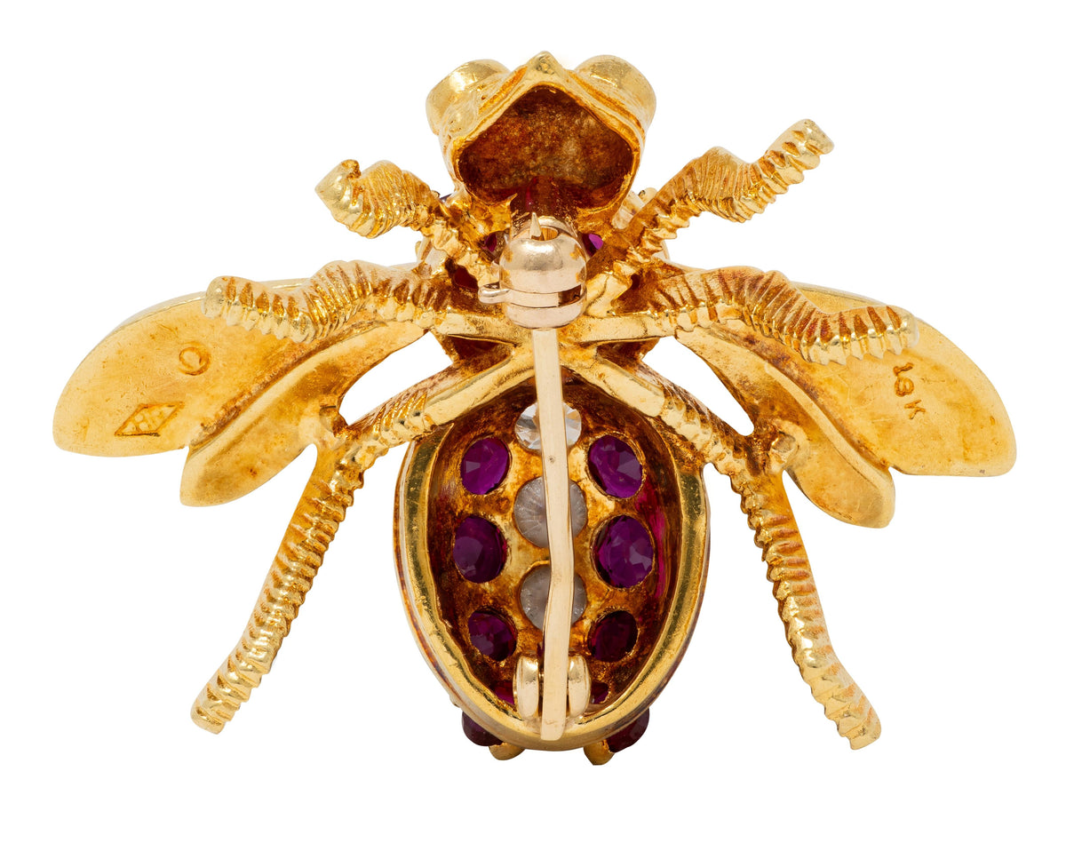 Herbert Rosenthal 1960s Ruby Diamond 18 Karat Yellow Gold Vintage Bee Bug Brooch