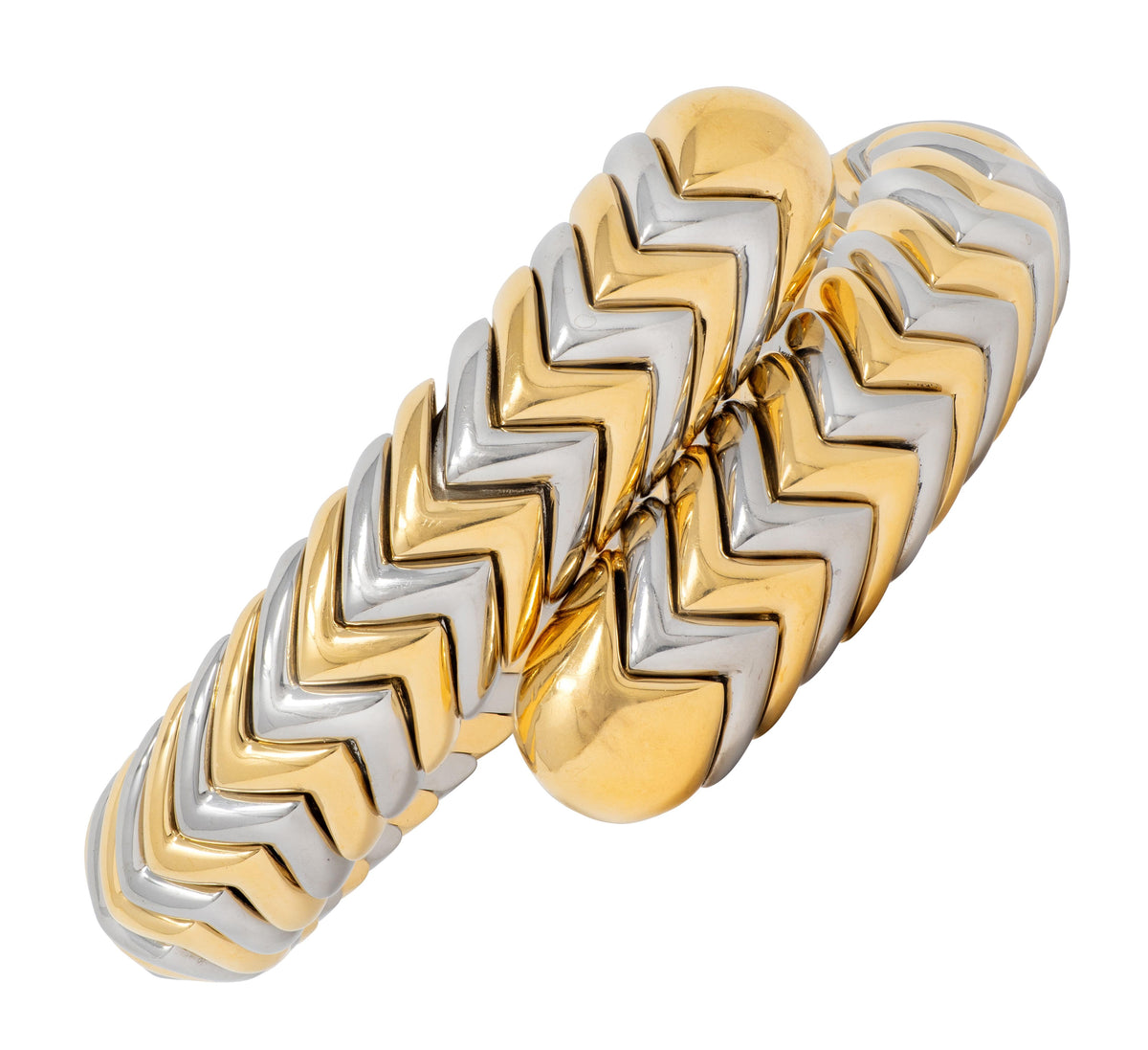 Bulgari 18K Yellow Gold Stainless Steel Spiga Chevron Vintage Bangle Bracelet