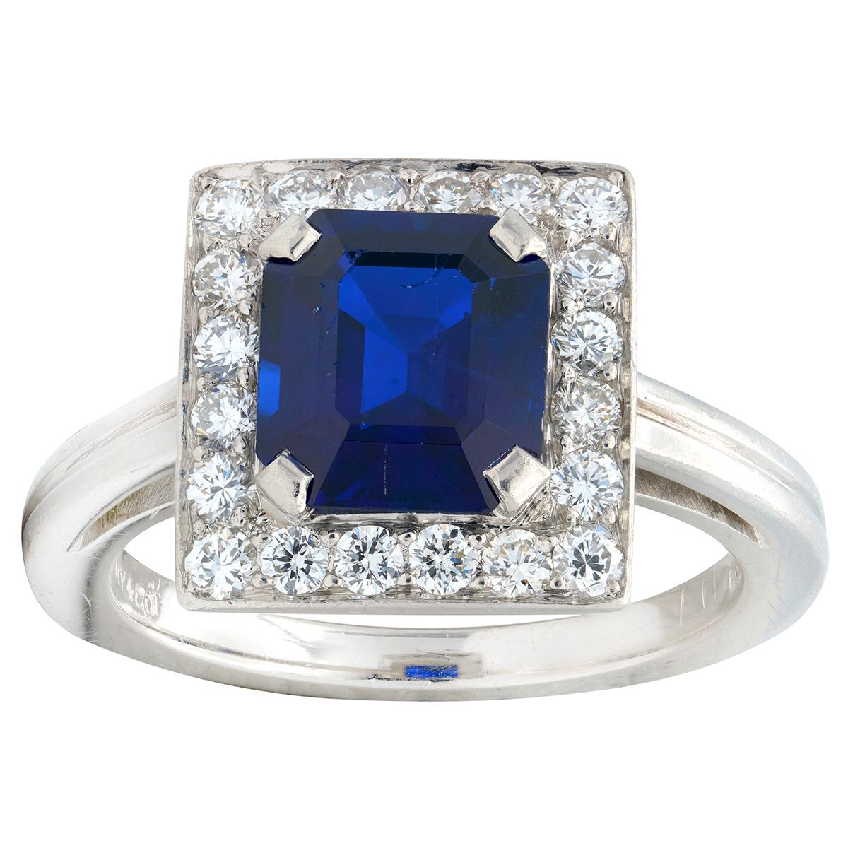 Tiffany & Co. Mid-Century No Heat Sapphire Diamond Platinum Vintage Halo Ring