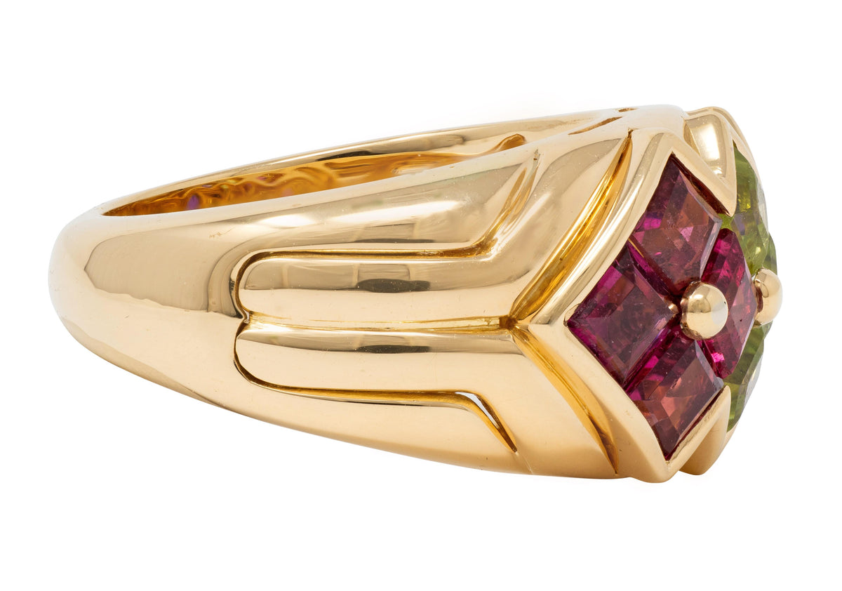 Bulgari 1980 Amethyst Peridot Tourmaline 18K Yellow Gold Vintage Statement Ring