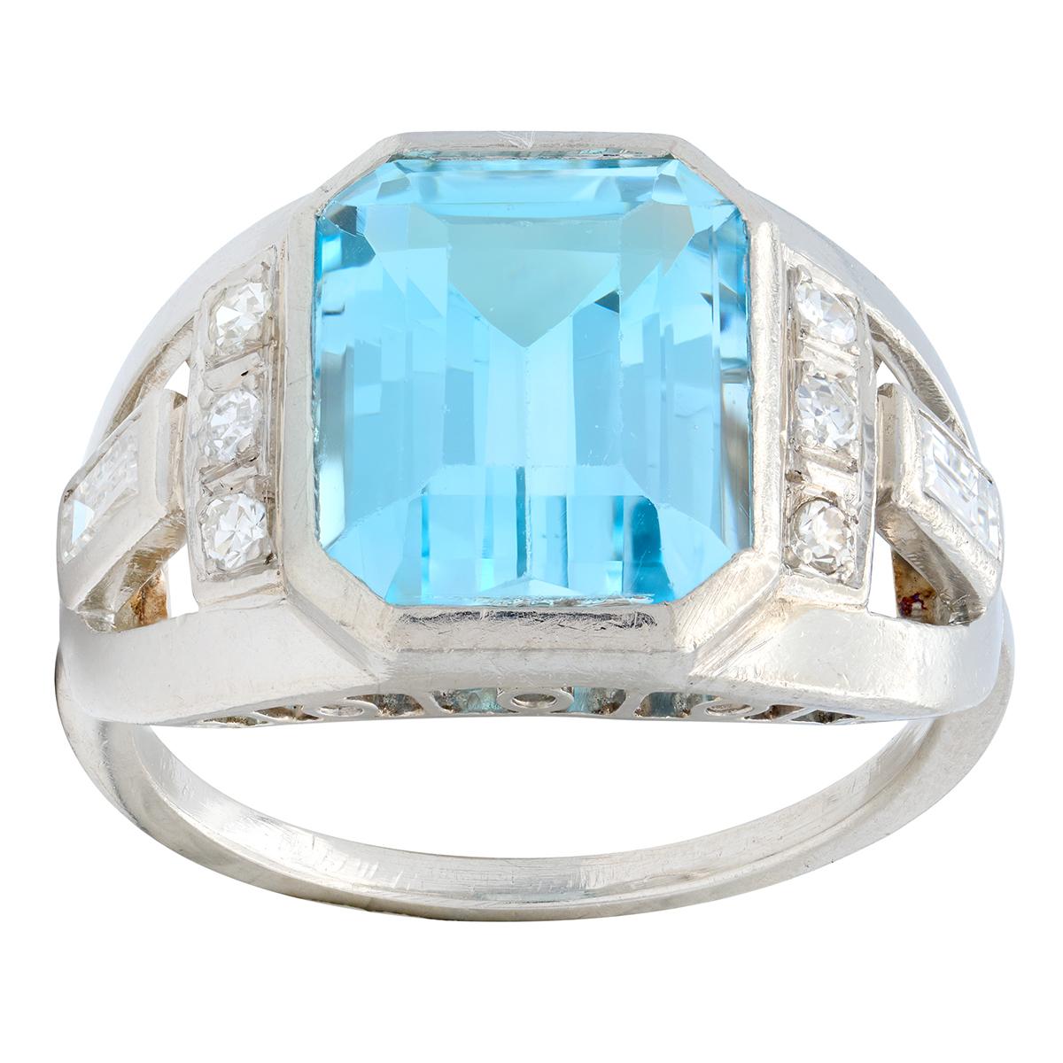 Art Deco 4.95 CTW Aquamarine Diamond Platinum Vintage Buckle Ring