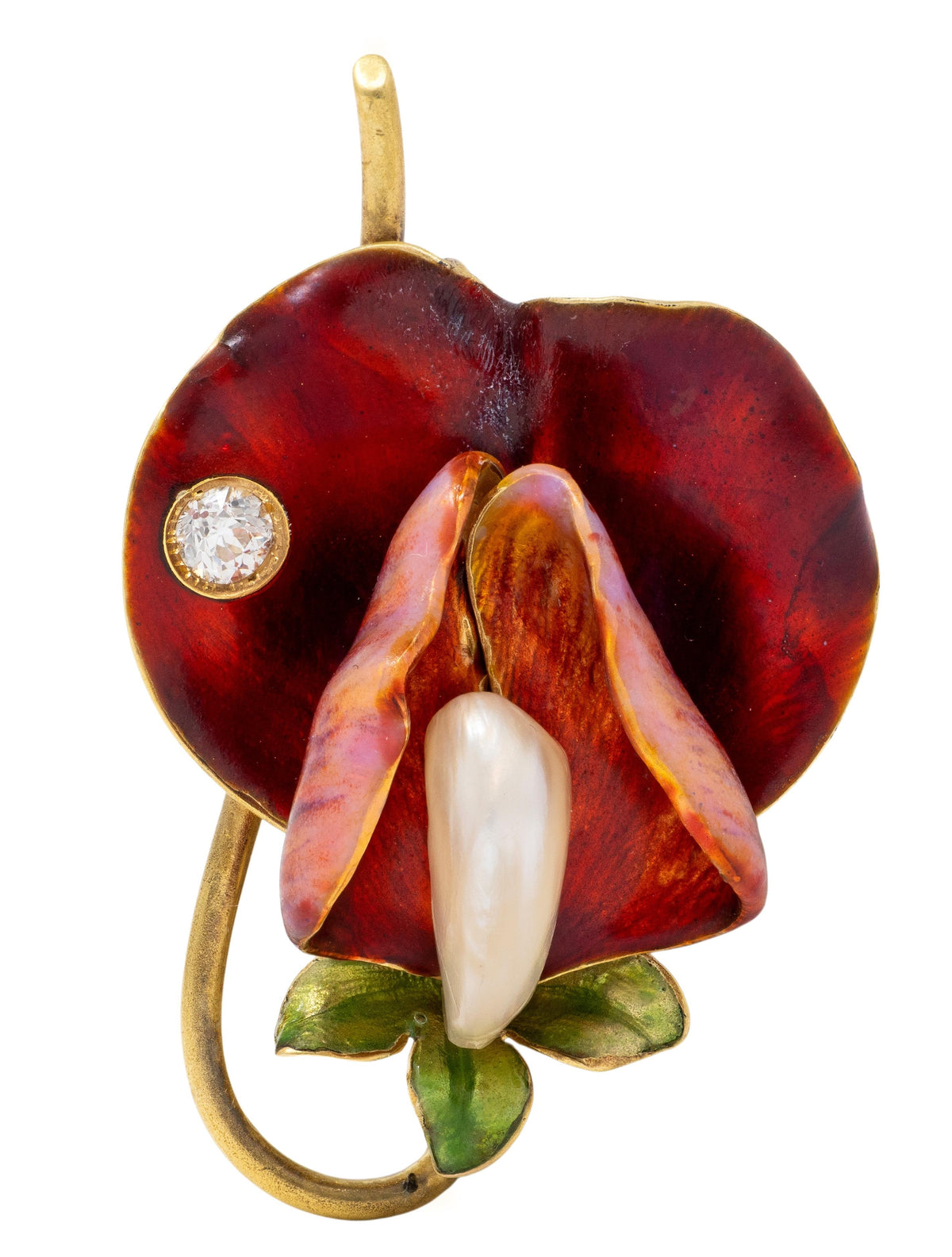 Bippart & Co. Art Nouveau Diamond Enamel Pearl 14K Gold Antique Flower Brooch