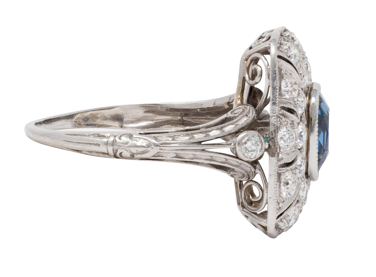 Edwardian Sapphire Diamond Platinum Scrolling Filigree Antique Dinner Ring