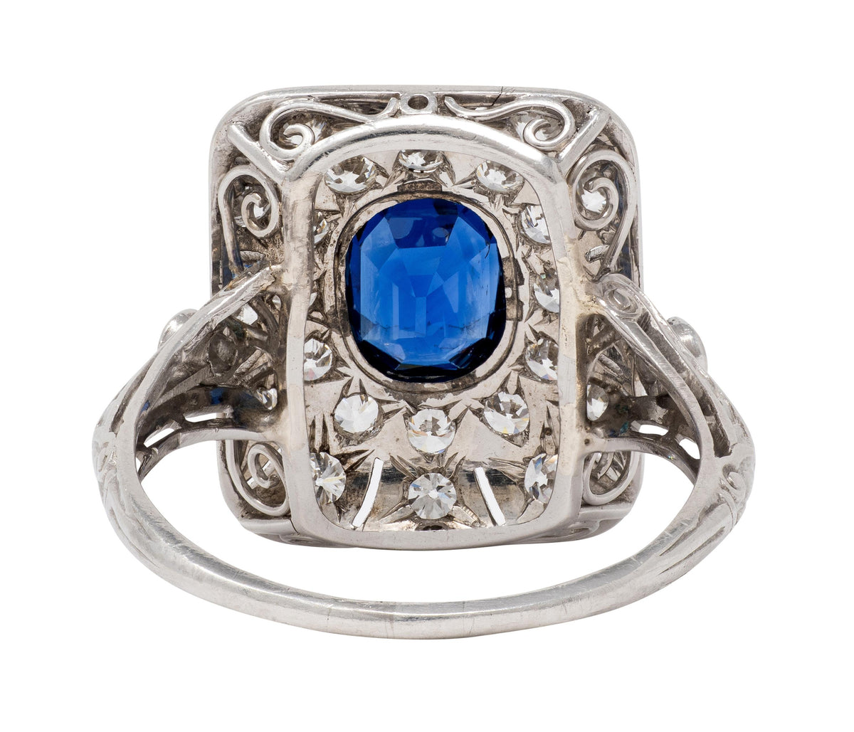 Edwardian Sapphire Diamond Platinum Scrolling Filigree Antique Dinner Ring
