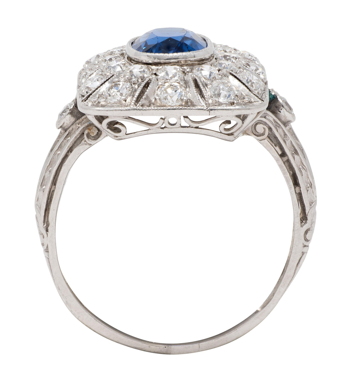 Edwardian Sapphire Diamond Platinum Scrolling Filigree Antique Dinner Ring