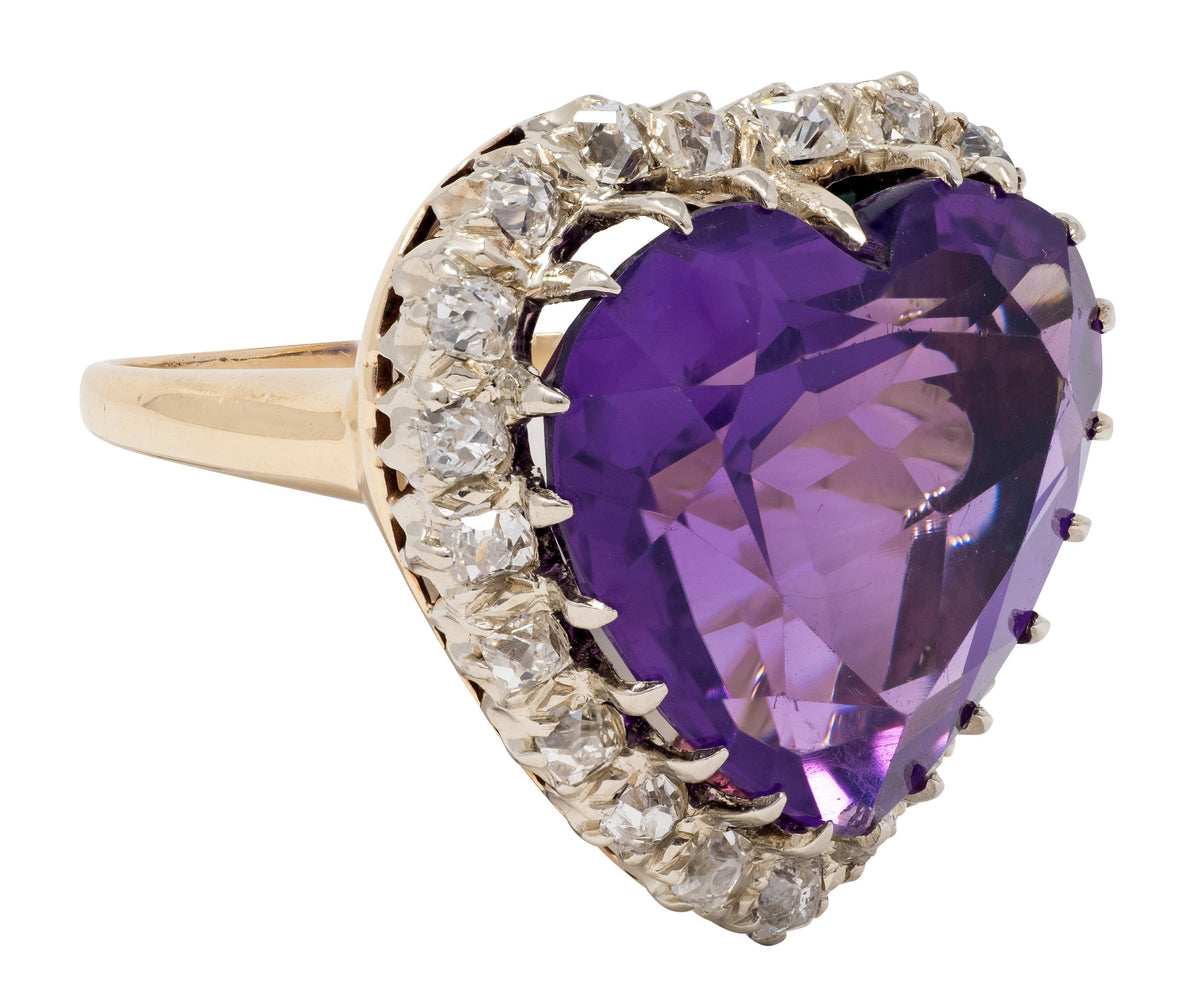 Retro Amethyst Diamond 14 Karat Two-Tone Gold Vintage Heart Halo Ring