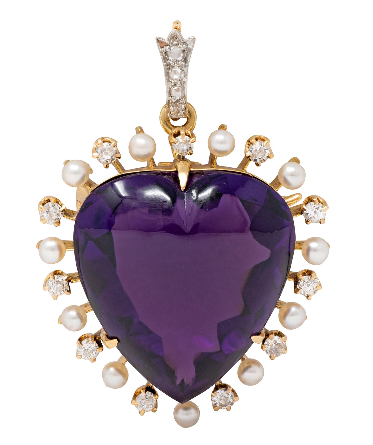 Victorian Amethyst Diamond Pearl 18K Gold Platinum Antique Heart Pendant Brooch