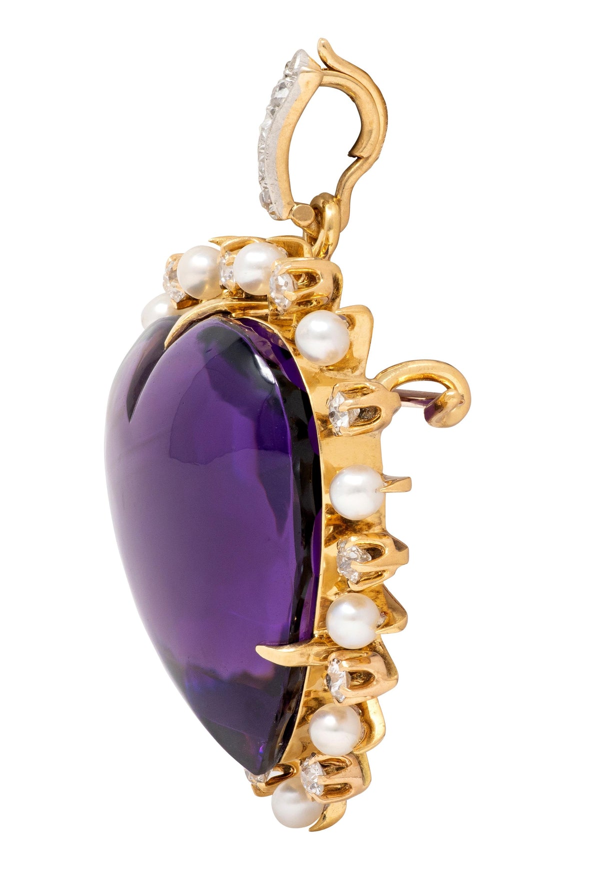 Victorian Amethyst Diamond Pearl 18K Gold Platinum Antique Heart Pendant Brooch