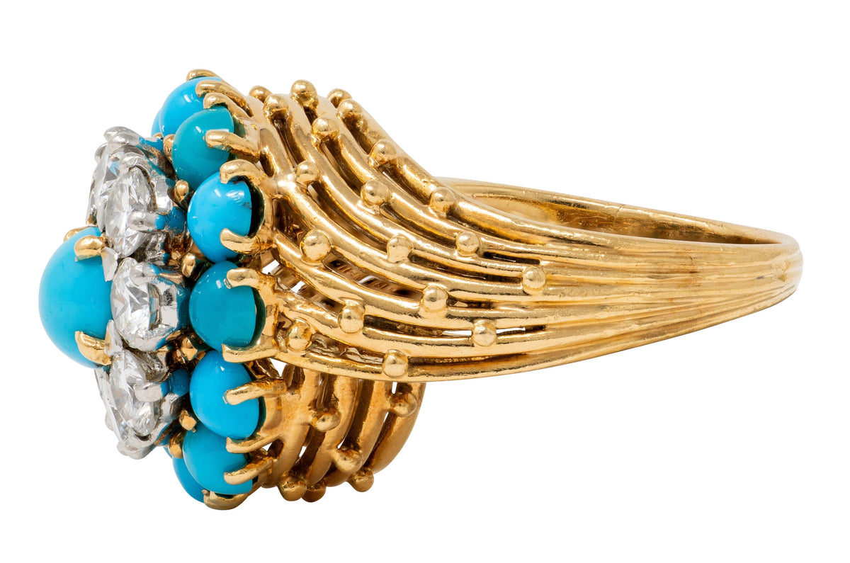 Cartier Paris 1960's Turquoise Diamond Platinum 18K Gold Vintage Cluster Ring