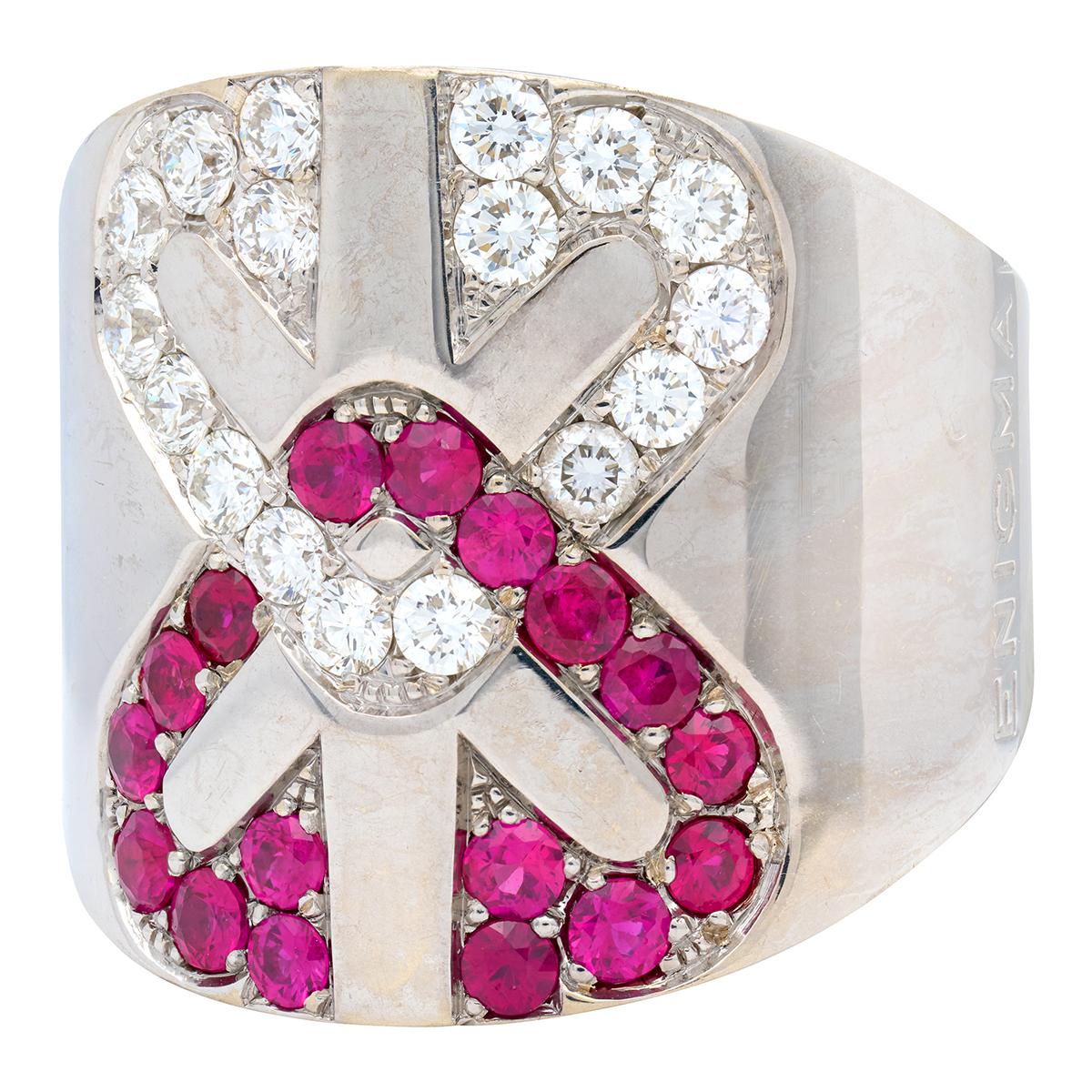 Engima By Gianni Bulgari 2000's Diamond Ruby 18 Karat White Gold Arrow Cuff Ring