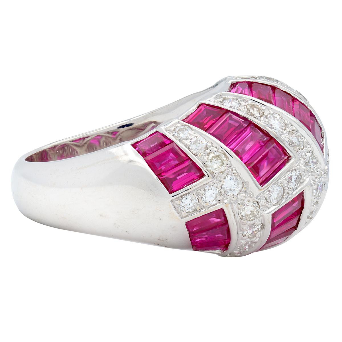 Contemporary 6.36 CTW Ruby Diamond 18 Karat White Gold Dome Weave Ring