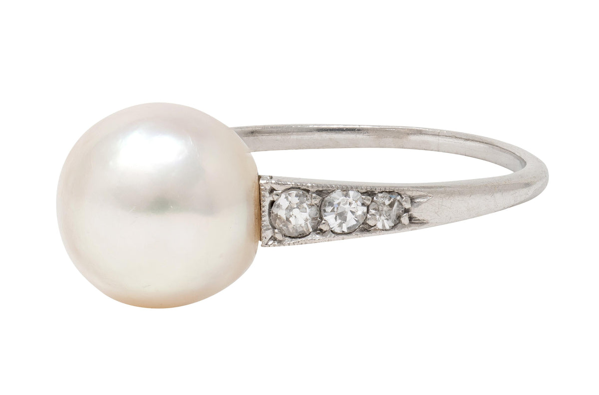 Edwardian Natural Saltwater Pinctada Pearl Diamond Platinum Antique Ring GIA